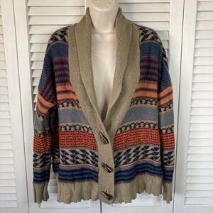 kirra Beige Multicolored Fair Isles Wool Blend Roomy Oversize Cardigan Sweater S